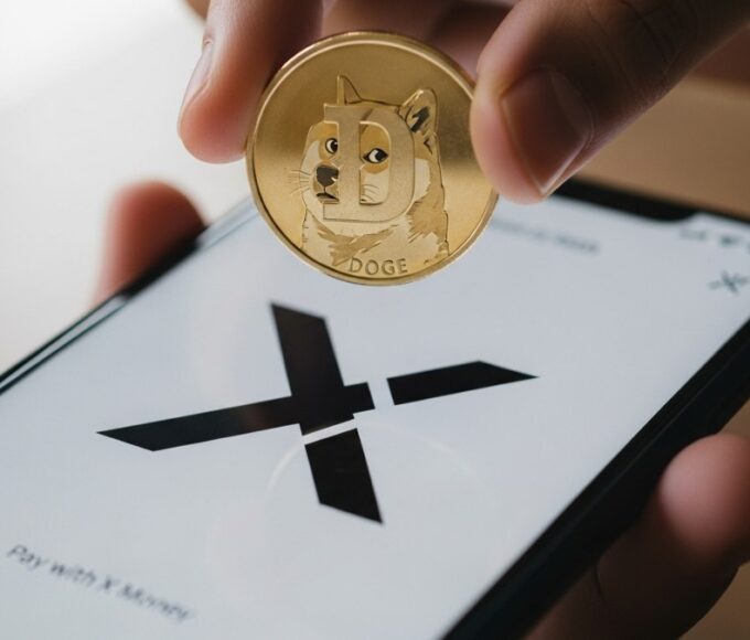 Une photo conceptuelle montrant le logo X (Twitter) sur un téléphone et une pièce de Dogecoin (DOGE), symbolisant le projet "X Money" d'Elon Musk pour les paiements crypto en 2025.