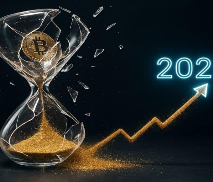 Sablier brisé représentant la fin des cycles de 4 ans du Bitcoin et l'accélération vers un sommet en 2026.
