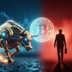 Illustration symbolisant le contraste entre les achats massifs d'ETF Bitcoin par Wall Street et l'abandon de la stratégie crypto par des entreprises comme Prenetics.