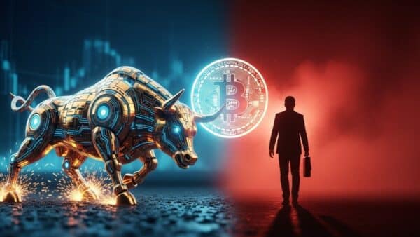 Illustration symbolisant le contraste entre les achats massifs d'ETF Bitcoin par Wall Street et l'abandon de la stratégie crypto par des entreprises comme Prenetics.