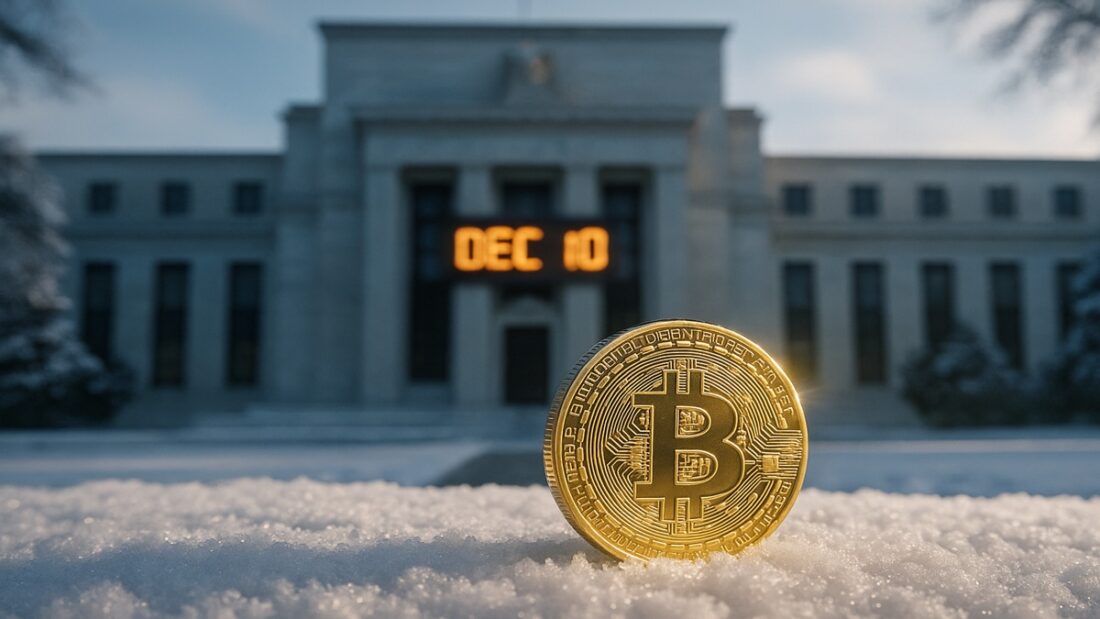 Pièce Bitcoin dans la neige devant la Fed, illustrant l'attente de la décision sur les taux pour Noël 2025.