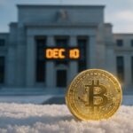 Pièce Bitcoin dans la neige devant la Fed, illustrant l'attente de la décision sur les taux pour Noël 2025.