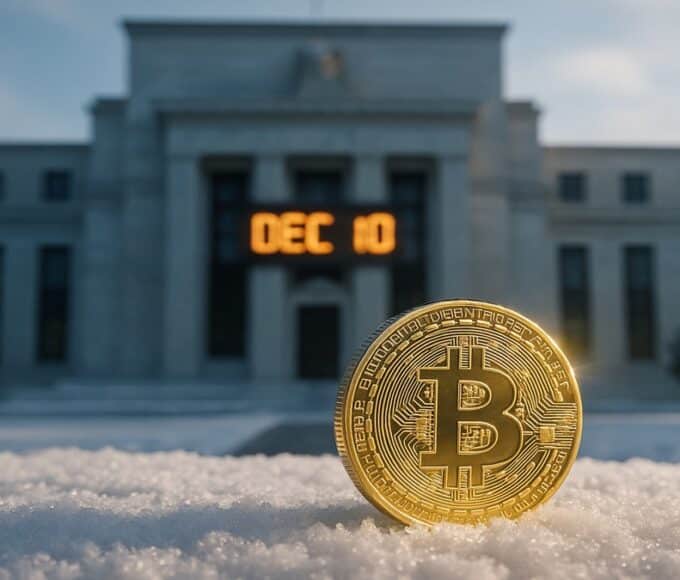 Pièce Bitcoin dans la neige devant la Fed, illustrant l'attente de la décision sur les taux pour Noël 2025.