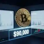 Graphique conceptuel du Bitcoin dépassant les 90 000 dollars dans un contexte de faible liquidité de marché.