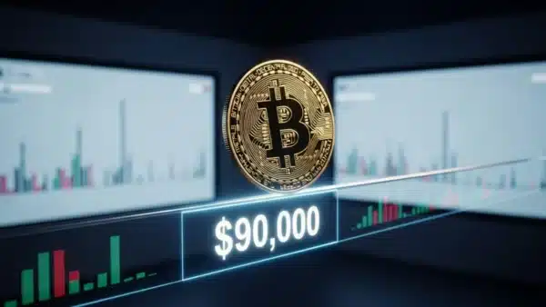 Graphique conceptuel du Bitcoin dépassant les 90 000 dollars dans un contexte de faible liquidité de marché.