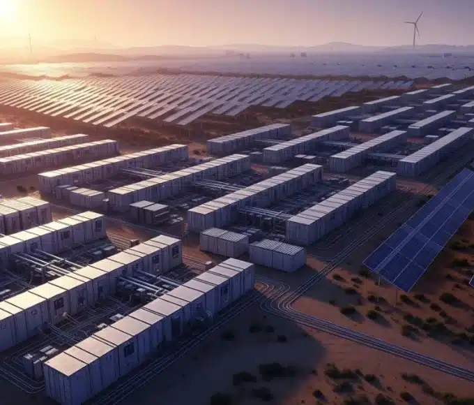 Ferme de minage industrielle de Bitcoin dans le désert, illustrant la maturité et l'institutionnalisation du réseau post-halving.