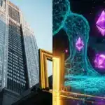 Illustration conceptuelle reliant Wall Street à la blockchain Ethereum symbolisant le nouvel ETF Staking de BlackRock.