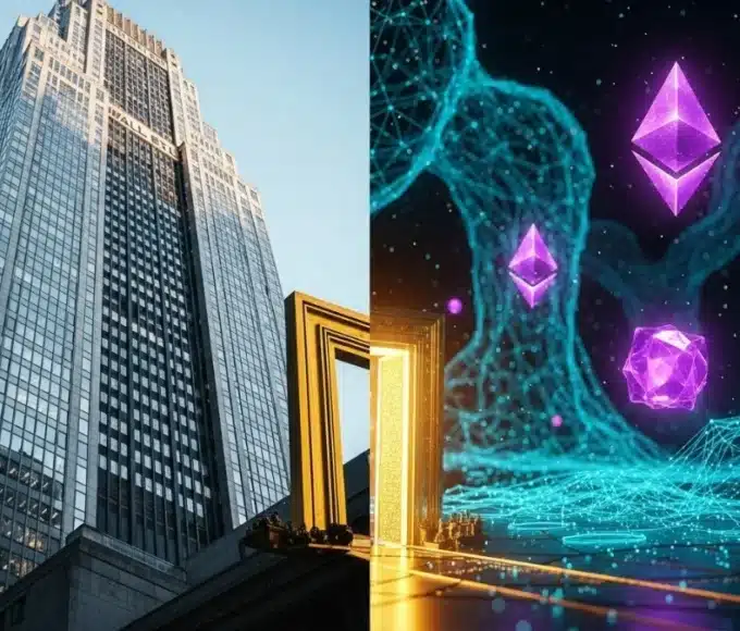 Illustration conceptuelle reliant Wall Street à la blockchain Ethereum symbolisant le nouvel ETF Staking de BlackRock.