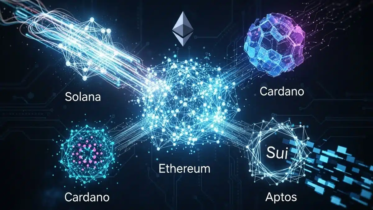 Illustration représentant Ethereum, Solana, Cardano, Sui et Aptos comme blockchains dominantes de la DeFi 2.0.