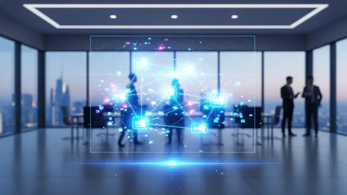 Photo réaliste d’un réseau numérique représentant plusieurs blockchains interconnectées, similaire au RWA.