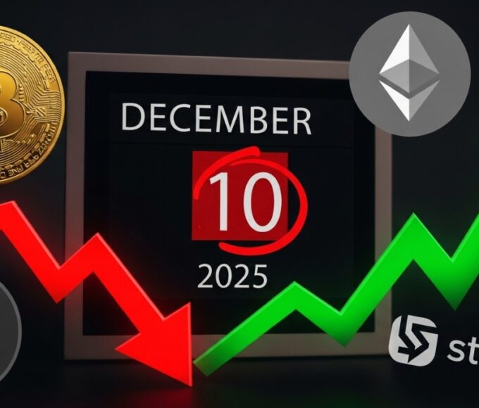 Une photo conceptuelle d'un calendrier de décembre 2025 montrant la date de la Fed (10/12) entourée de logos crypto (Bitcoin, Starknet) et de volatilité, pour le dossier des événements du mois.