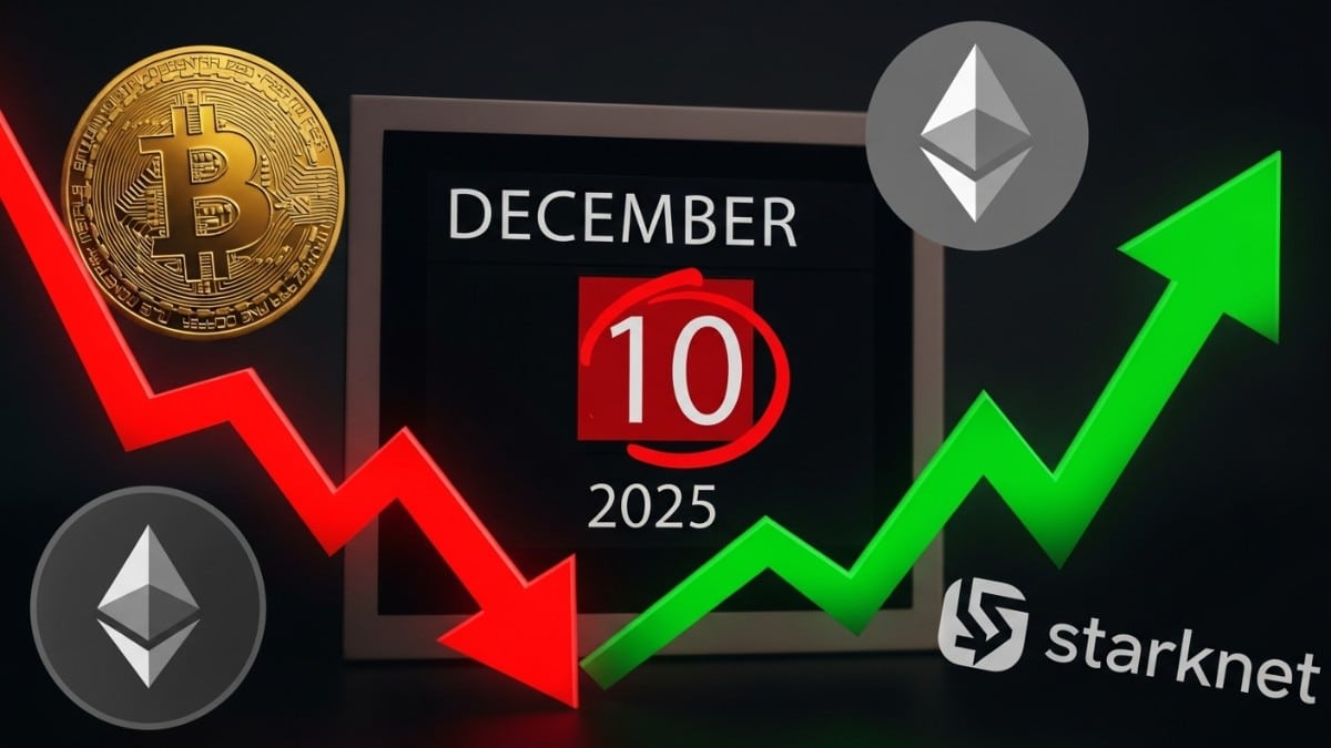 Une photo conceptuelle d'un calendrier de décembre 2025 montrant la date de la Fed (10/12) entourée de logos crypto (Bitcoin, Starknet) et de volatilité, pour le dossier des événements du mois.