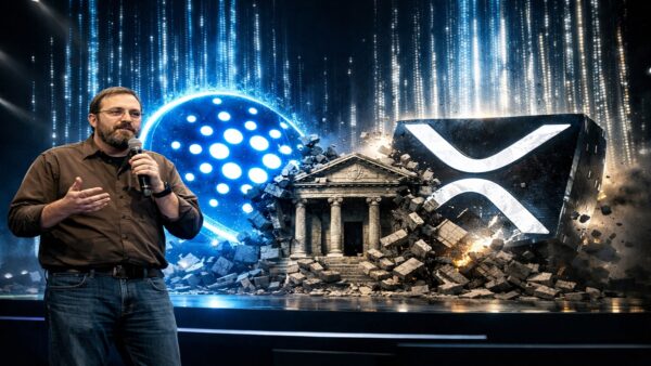 Illustration de Charles Hoskinson affirmant la supériorité technologique de Cardano et XRP sur les banques traditionnelles.