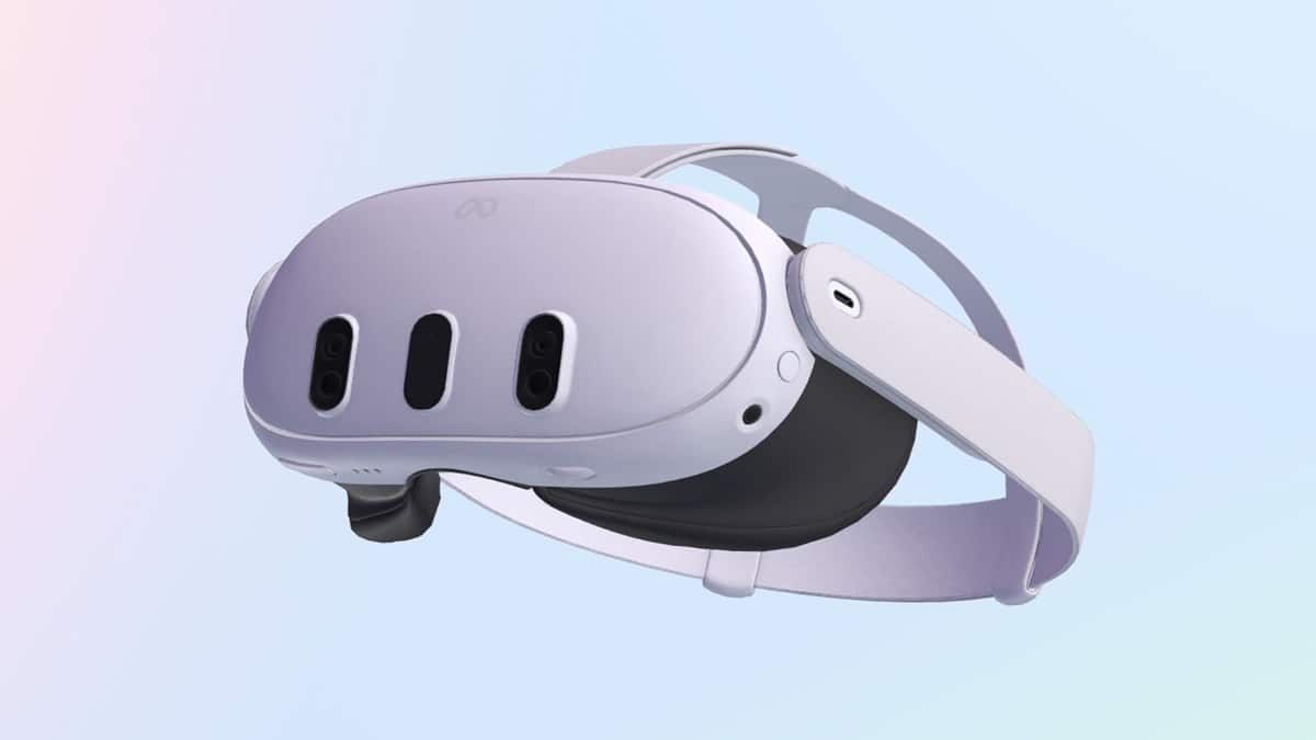 Une photo du casque VR Meta Quest 3 (Déc 2025), mettant en avant ses caméras frontales pour la réalité mixte (pass-through), illustrant l'analyse du produit après sa baisse de prix à 419€.