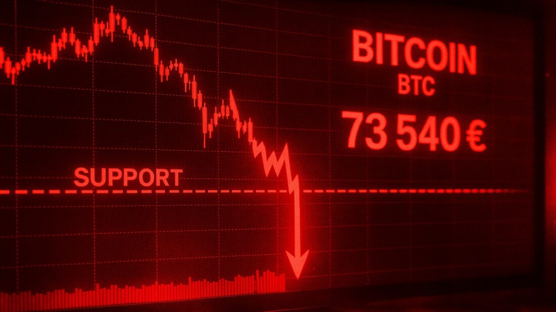 Une photo d'un graphique de trading (2 Déc 2025) montrant le cours du Bitcoin en chute libre à 73 540 €, brisant le support de 80 000 €, illustrant l'analyse du crash.