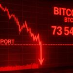 Une photo d'un graphique de trading (2 Déc 2025) montrant le cours du Bitcoin en chute libre à 73 540 €, brisant le support de 80 000 €, illustrant l'analyse du crash.