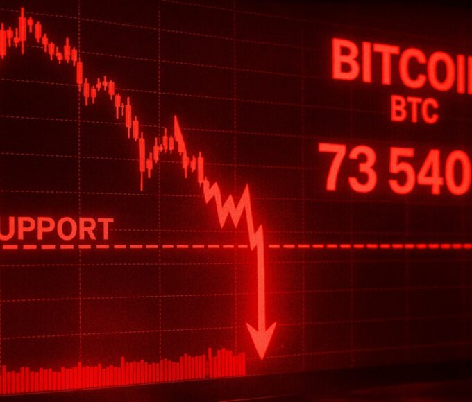 Une photo d'un graphique de trading (2 Déc 2025) montrant le cours du Bitcoin en chute libre à 73 540 €, brisant le support de 80 000 €, illustrant l'analyse du crash.