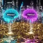 Illustration de cerveaux numériques représentant Bittensor et Fetch.ai, leaders du marché crypto IA en 2025.