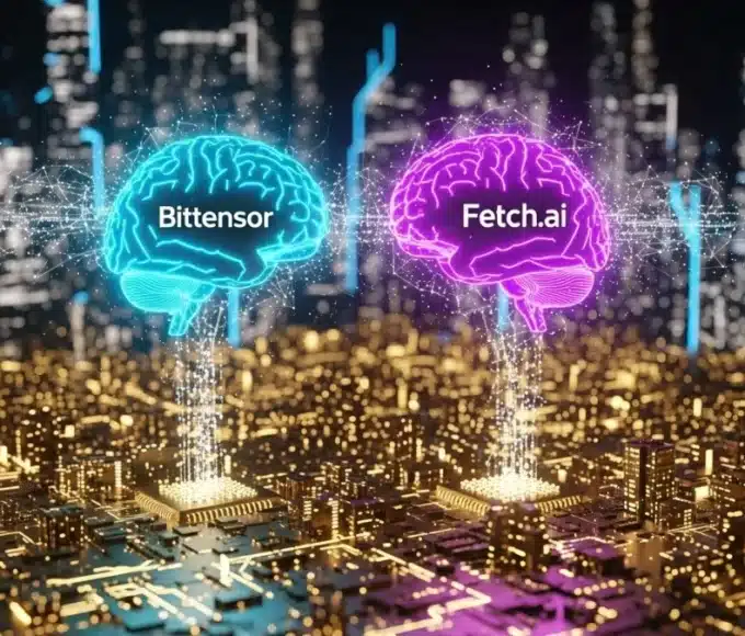 Illustration de cerveaux numériques représentant Bittensor et Fetch.ai, leaders du marché crypto IA en 2025.