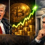 Illustration du conflit entre Donald Trump et Jerome Powell concernant la Fed, avec un graphique crypto haussier en arrière-plan.