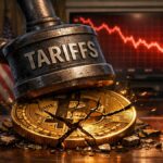 Illustration de la chute du marché de la cryptomonnaie fin 2025 suite aux annonces de tarifs douaniers par Donald Trump.