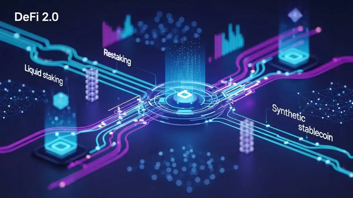 Illustration conceptuelle montrant l’écosystème DeFi 2.0 avec des flux numériques interconnectés et des structures blockchain futuristes.