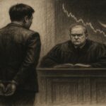 Croquis judiciaire de Do Kwon écoutant son verdict de 15 ans de prison pour l'effondrement de Terra LUNA.