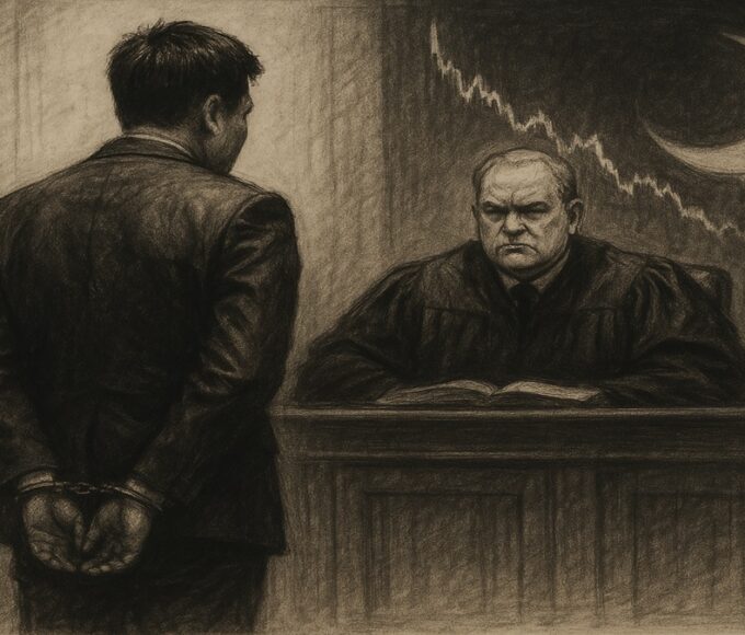Croquis judiciaire de Do Kwon écoutant son verdict de 15 ans de prison pour l'effondrement de Terra LUNA.