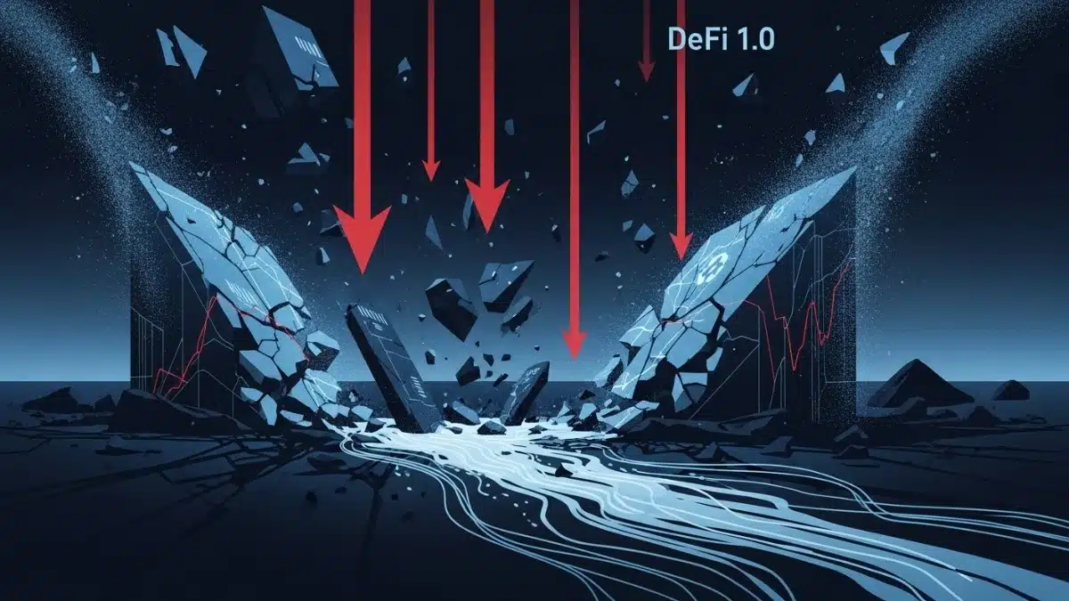 Illustration montrant l’effondrement de la DeFi 1.0 avec des structures numériques fissurées et des graphiques en chute.