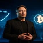 Une photo conceptuelle (Déc 2025) d'Elon Musk, avec un dollar qui disparaît et un logo Bitcoin (BTC) lié à l'énergie, illustrant sa prédiction sur la fin de l'argent et la crise de la dette US (38.3T$).