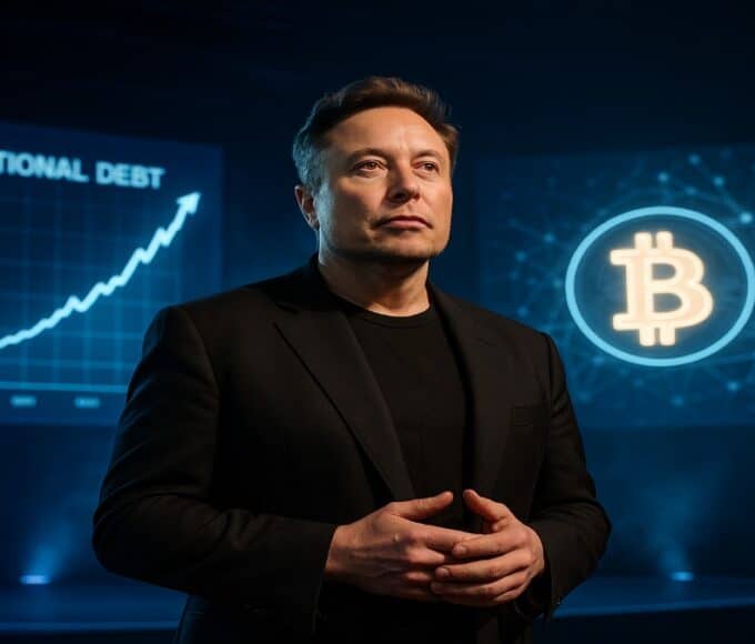 Une photo conceptuelle (Déc 2025) d'Elon Musk, avec un dollar qui disparaît et un logo Bitcoin (BTC) lié à l'énergie, illustrant sa prédiction sur la fin de l'argent et la crise de la dette US (38.3T$).