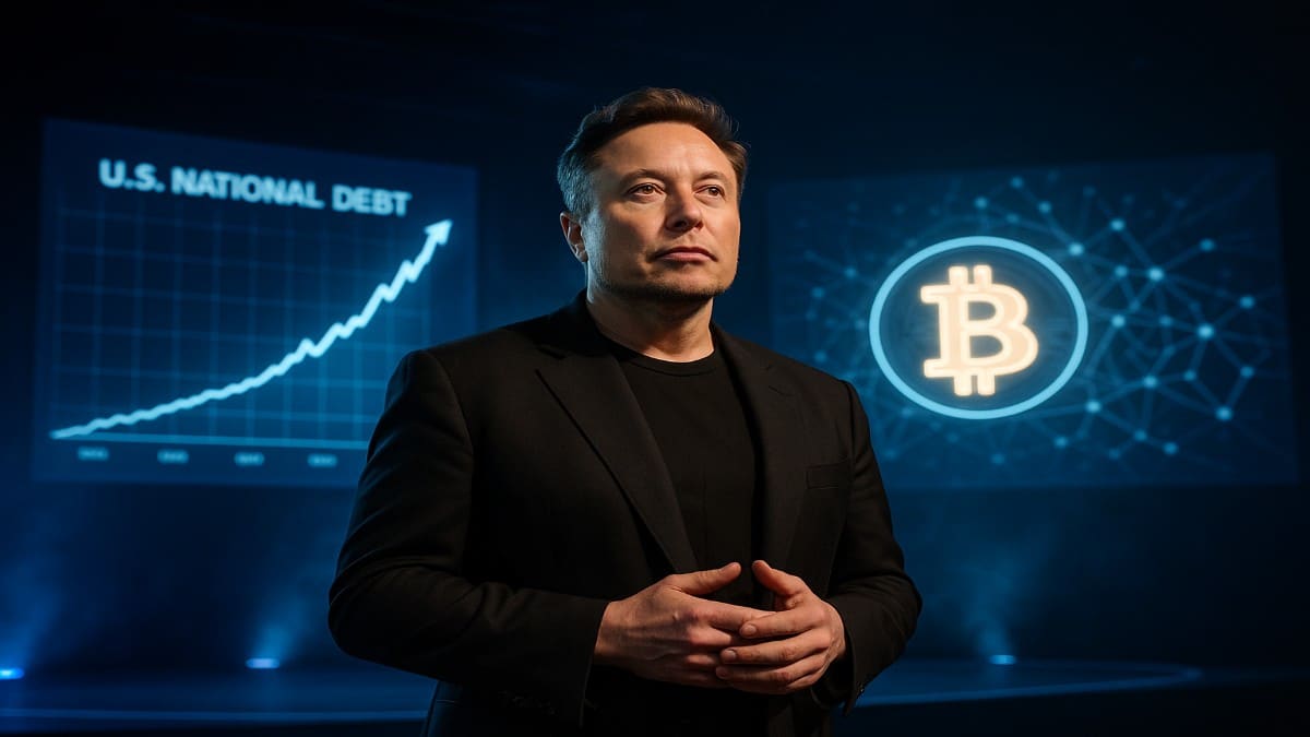 Une photo conceptuelle (Déc 2025) d'Elon Musk, avec un dollar qui disparaît et un logo Bitcoin (BTC) lié à l'énergie, illustrant sa prédiction sur la fin de l'argent et la crise de la dette US (38.3T$).