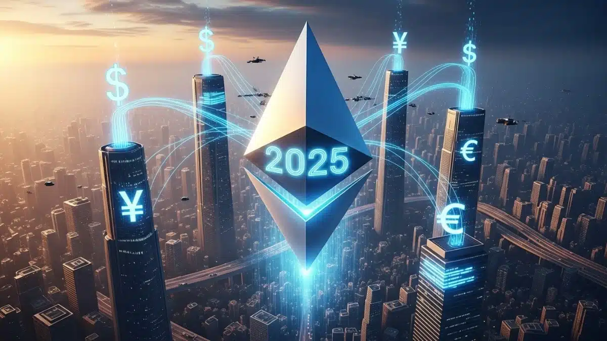 Illustration futuriste du réseau Ethereum devenant une infrastructure mondiale en 2025 avec les mises à jour Pectra et Fusaka.
