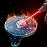 Pièce Ethereum en combustion causée par l'activité intense des agents IA sur la blockchain.