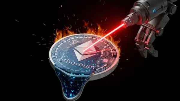Pièce Ethereum en combustion causée par l'activité intense des agents IA sur la blockchain.