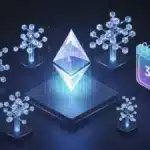 Illustration 3D du logo Ethereum avec des structures de données (Verkle) et la date du 3 décembre, représentant la mise à jour Fusaka et ses gains de performance.