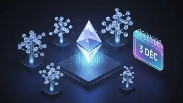 Illustration 3D du logo Ethereum avec des structures de données (Verkle) et la date du 3 décembre, représentant la mise à jour Fusaka et ses gains de performance.