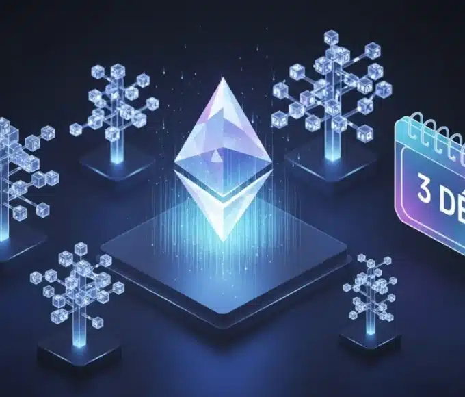 Illustration 3D du logo Ethereum avec des structures de données (Verkle) et la date du 3 décembre, représentant la mise à jour Fusaka et ses gains de performance.