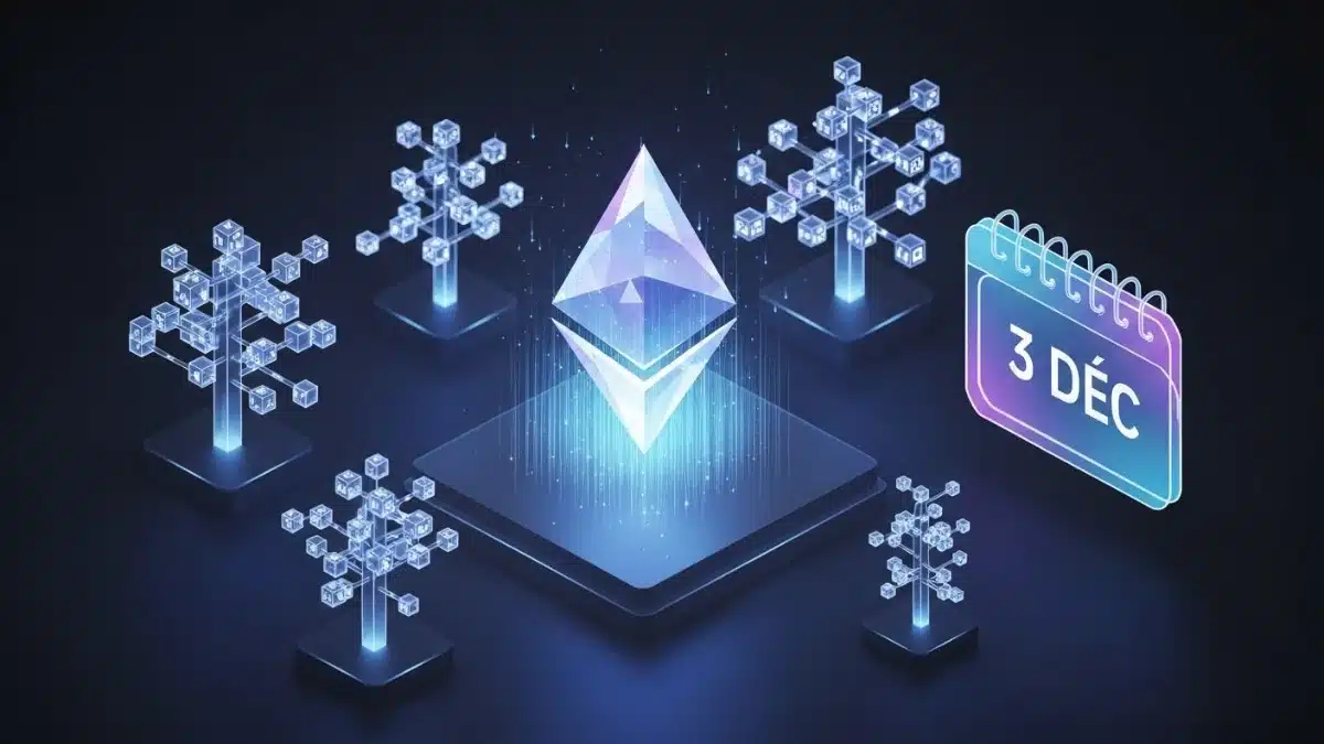 Illustration 3D du logo Ethereum avec des structures de données (Verkle) et la date du 3 décembre, représentant la mise à jour Fusaka et ses gains de performance.