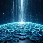 Visualisation 3D futuriste du réseau blockchain Cardano en pleine ébullition, illustrant un record d'adresses actives et de transactions.