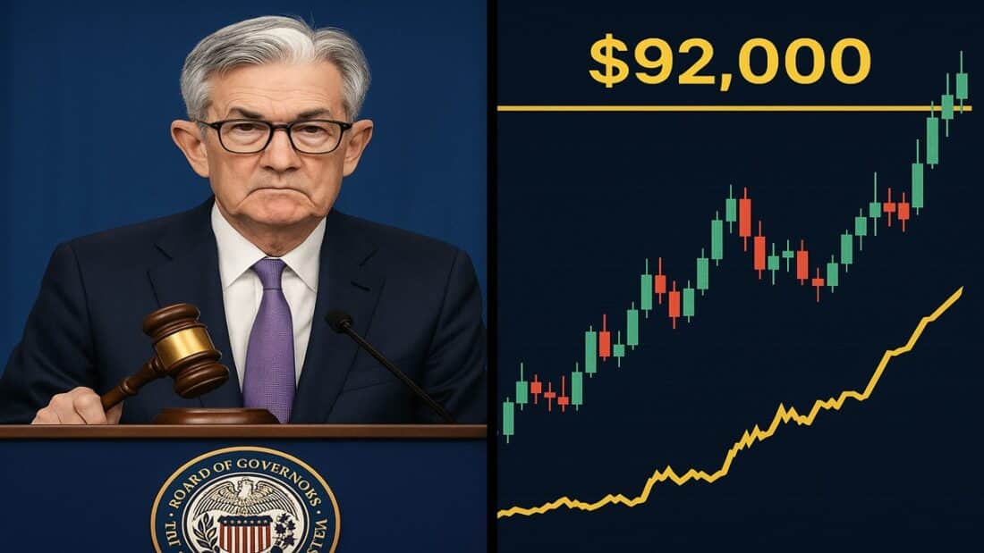Jerome Powell annonçant une baisse de taux restrictive et graphique du Bitcoin à 92 000 dollars.