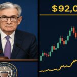 Jerome Powell annonçant une baisse de taux restrictive et graphique du Bitcoin à 92 000 dollars.
