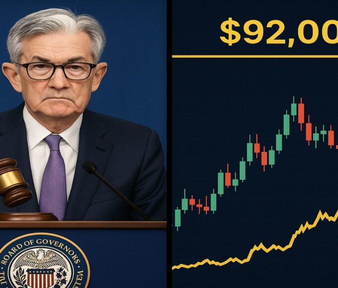 Jerome Powell annonçant une baisse de taux restrictive et graphique du Bitcoin à 92 000 dollars.