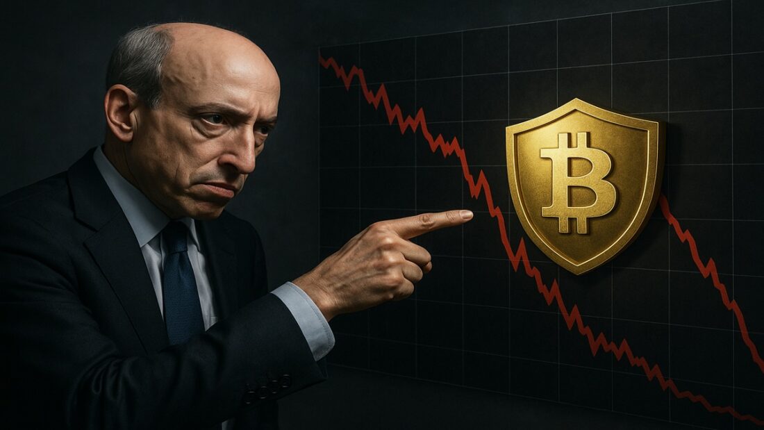 Gary Gensler prédisant un crash crypto tout en épargnant le Bitcoin, illustrant ses dernières déclarations.