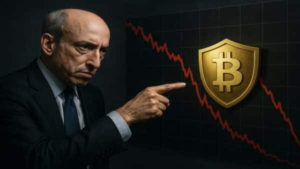 Gary Gensler prédisant un crash crypto tout en épargnant le Bitcoin, illustrant ses dernières déclarations.