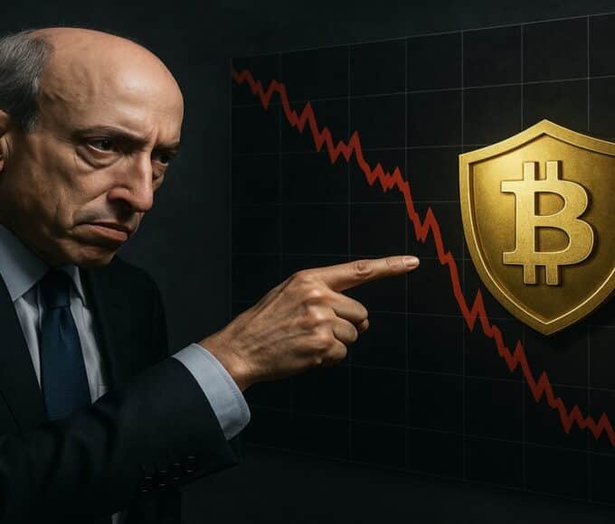 Gary Gensler prédisant un crash crypto tout en épargnant le Bitcoin, illustrant ses dernières déclarations.