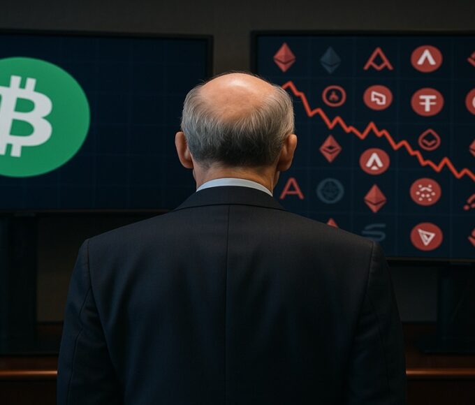 Illustration de Gary Gensler (SEC) distinguant le Bitcoin (vert) des Altcoins (rouge), symbolisant sa vision réglementaire stricte.