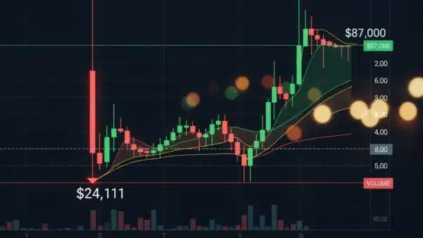 Graphique boursier montrant une chute brutale du Bitcoin à 24 000 dollars suivie d'un rebond immédiat sur la paire USD1.