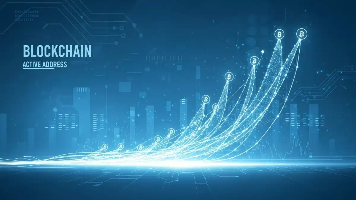 Illustration montrant une hausse marquée de l’activité réseau Cardano, avec des courbes ascendantes et des nœuds interconnectés symbolisant l’augmentation des adresses actives.
