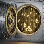 Coffre-fort HSBC s'ouvrant sur des codes Ethereum dorés, symbolisant la tokenisation de l'or sur la blockchain publique.